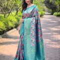 Super Aqua Blue Kanchipattu Silk Weaving Work Saree for Women