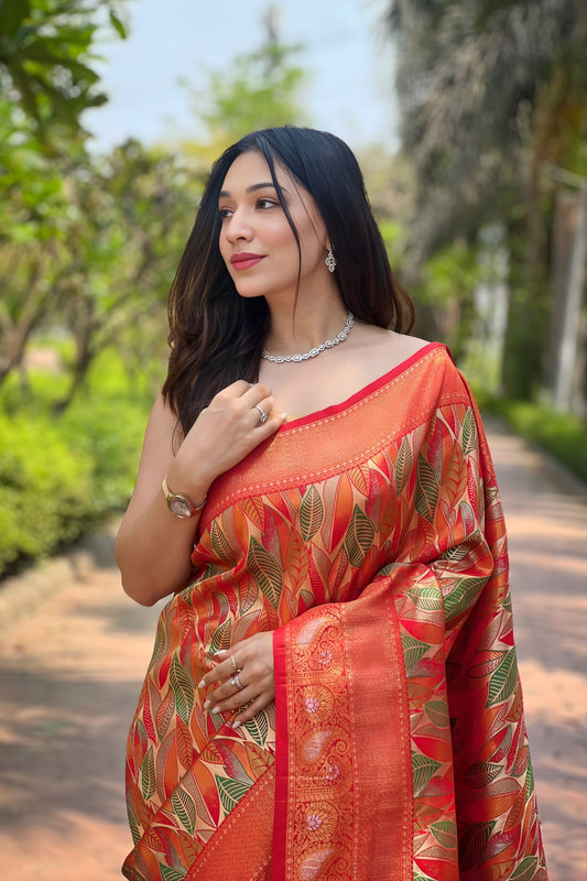 Vibrant Orange Kanchipattu Silk Weaving Work Saree for Women