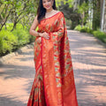 Vibrant Orange Kanchipattu Silk Weaving Work Saree for Women