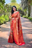 Vibrant Orange Kanchipattu Silk Weaving Work Saree for Women