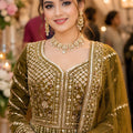 Luxury Olive Green Designer Net Anarkali Suit with Heavy Embroidery Work for Women
