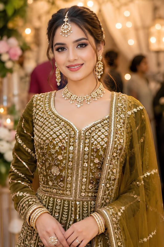 Luxury Olive Green Designer Net Anarkali Suit with Heavy Embroidery Work for Women