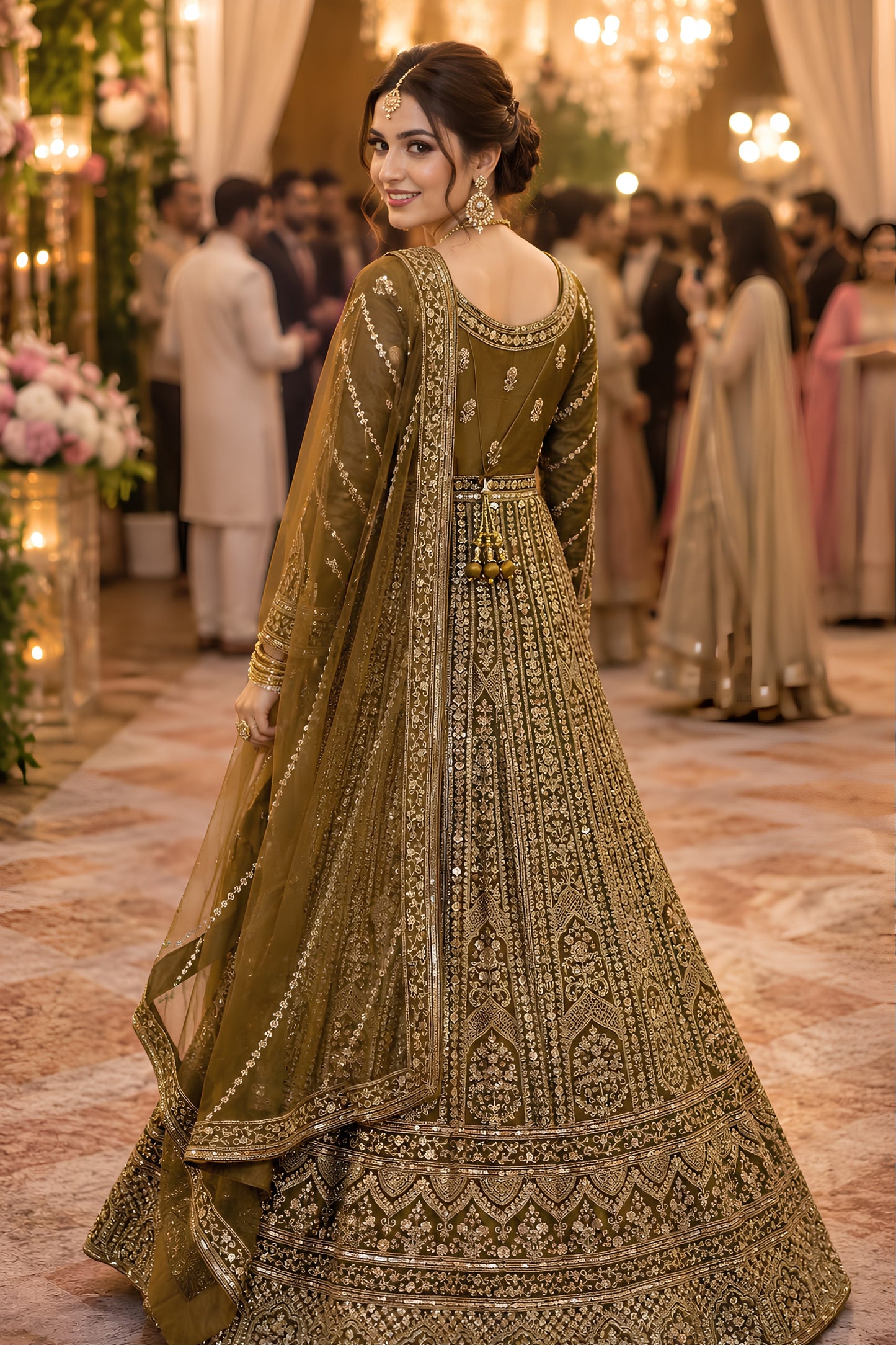 Luxury Olive Green Designer Net Anarkali Suit with Heavy Embroidery Work for Women