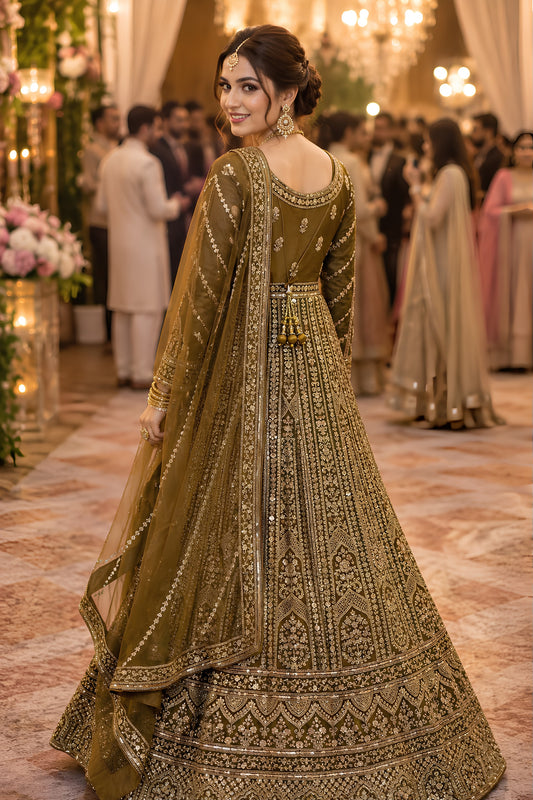 Luxury Olive Green Designer Net Anarkali Suit with Heavy Embroidery Work for Women