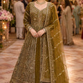 Luxury Olive Green Designer Net Anarkali Suit with Heavy Embroidery Work for Women