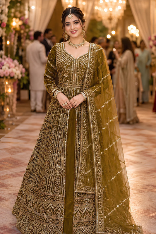 Luxury Olive Green Designer Net Anarkali Suit with Heavy Embroidery Work for Women