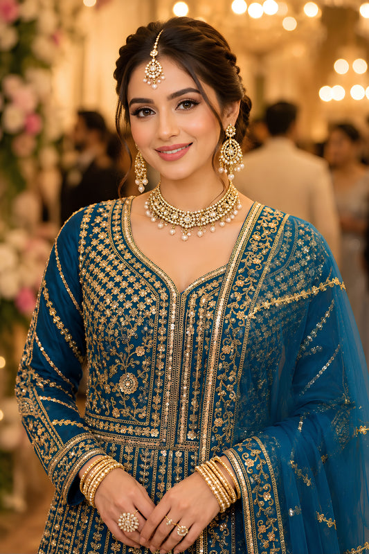 Stylish Royal Blue Designer Net Anarkali Suit with Heavy Embroidery Work for Women