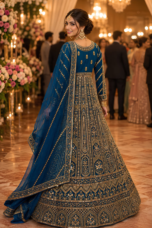 Stylish Royal Blue Designer Net Anarkali Suit with Heavy Embroidery Work for Women