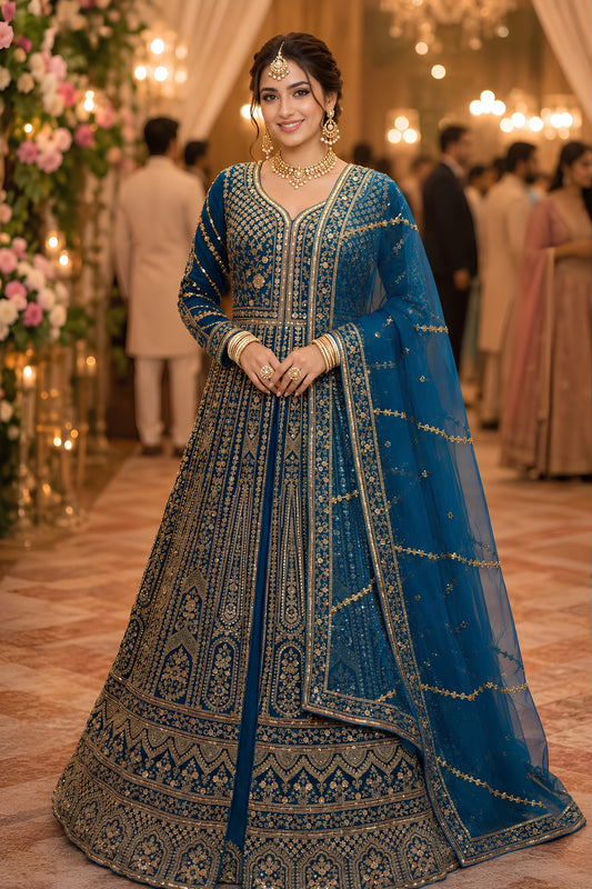 Stylish Royal Blue Designer Net Anarkali Suit with Heavy Embroidery Work for Women