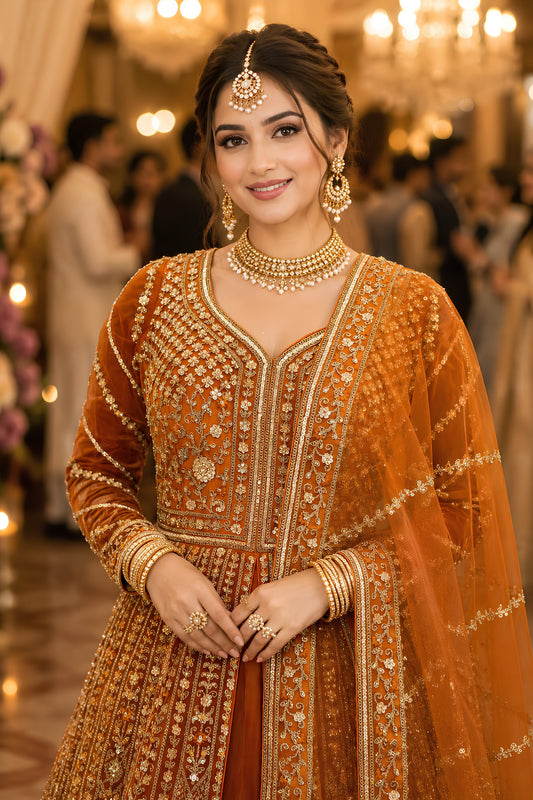 Awesome Rust Orange Designer Net Anarkali Suit with Heavy Embroidery Work for Women
