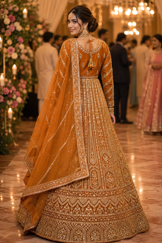 Awesome Rust Orange Designer Net Anarkali Suit with Heavy Embroidery Work for Women
