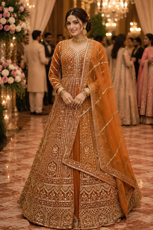 Awesome Rust Orange Designer Net Anarkali Suit with Heavy Embroidery Work for Women