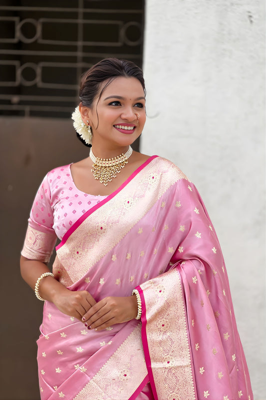 Beautiful Baby Pink Banarasi Silk Saree Zari Weaving Work for Women