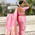 Beautiful Baby Pink Banarasi Silk Saree Zari Weaving Work for Women
