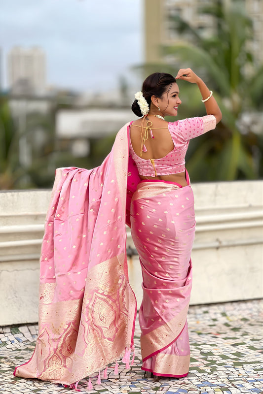 Beautiful Baby Pink Banarasi Silk Saree Zari Weaving Work for Women
