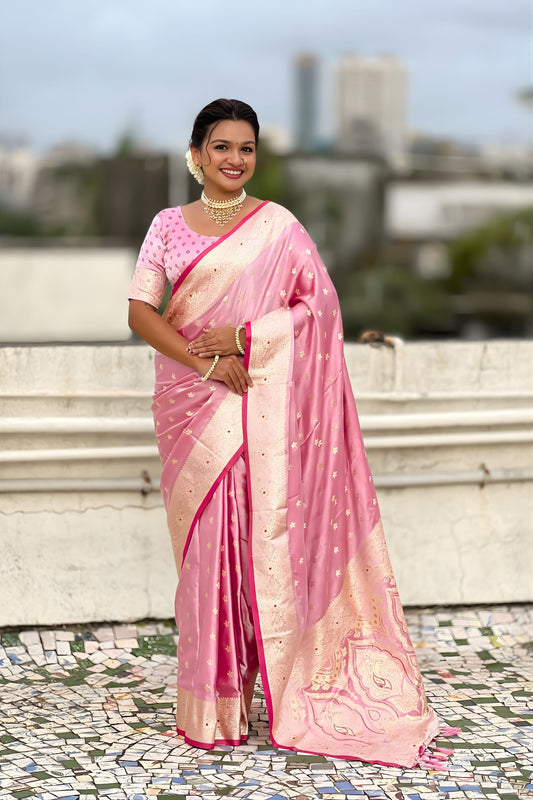 Graceful Pink Banarasi Silk Saree Zari Weaving Work for Women