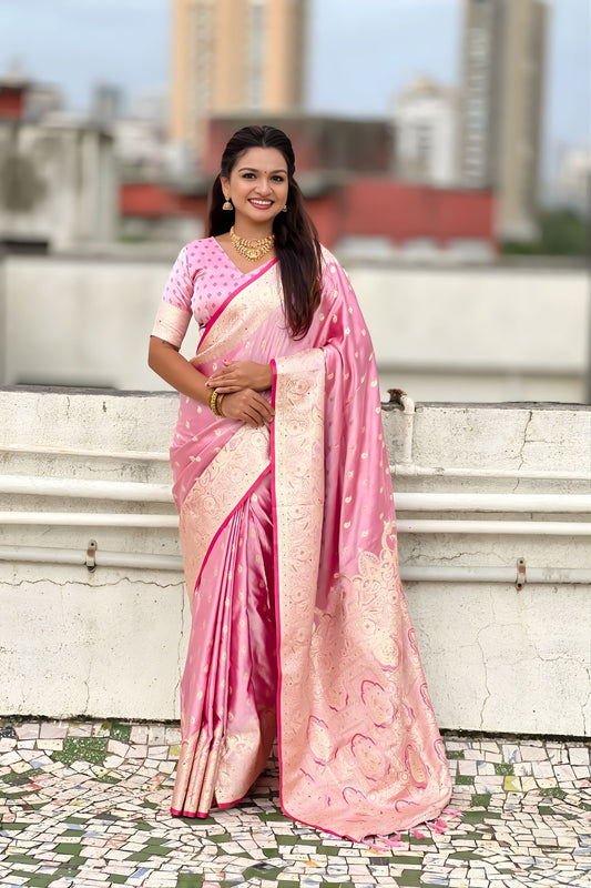 Graceful Pink Banarasi Silk Saree Zari Weaving Work for Women
