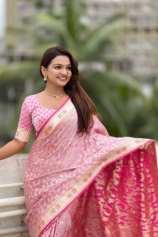 Elegant Pink Banarasi Silk Saree Zari Weaving Work for Women