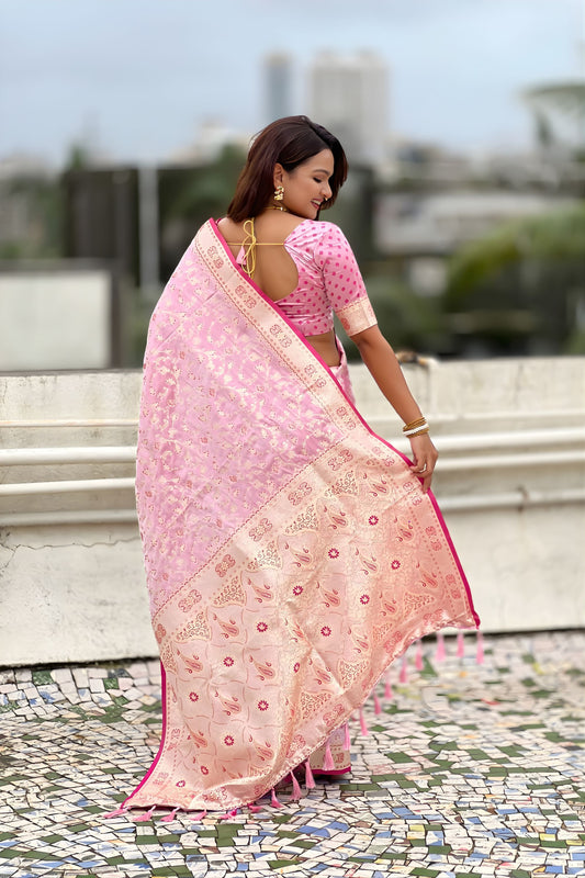 Elegant Pink Banarasi Silk Saree Zari Weaving Work for Women