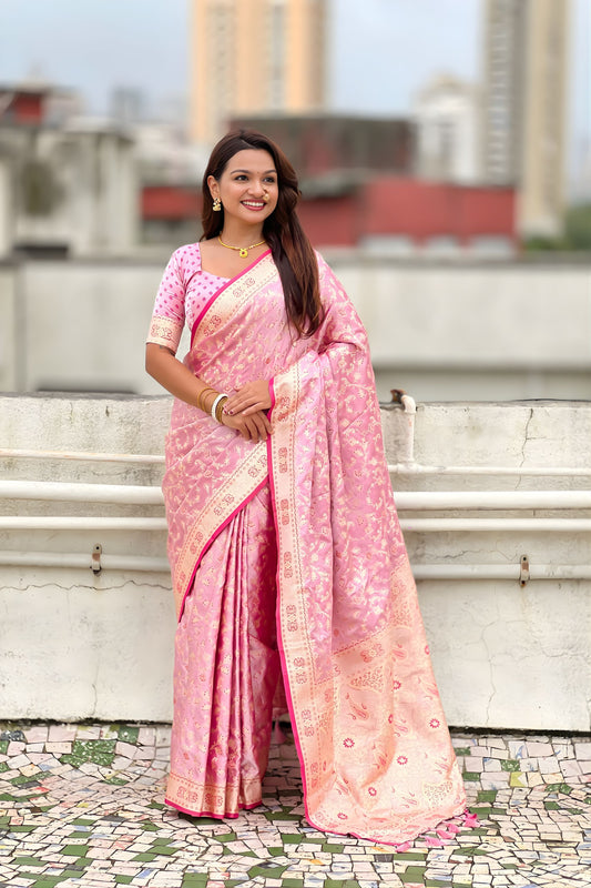 Elegant Pink Banarasi Silk Saree Zari Weaving Work for Women