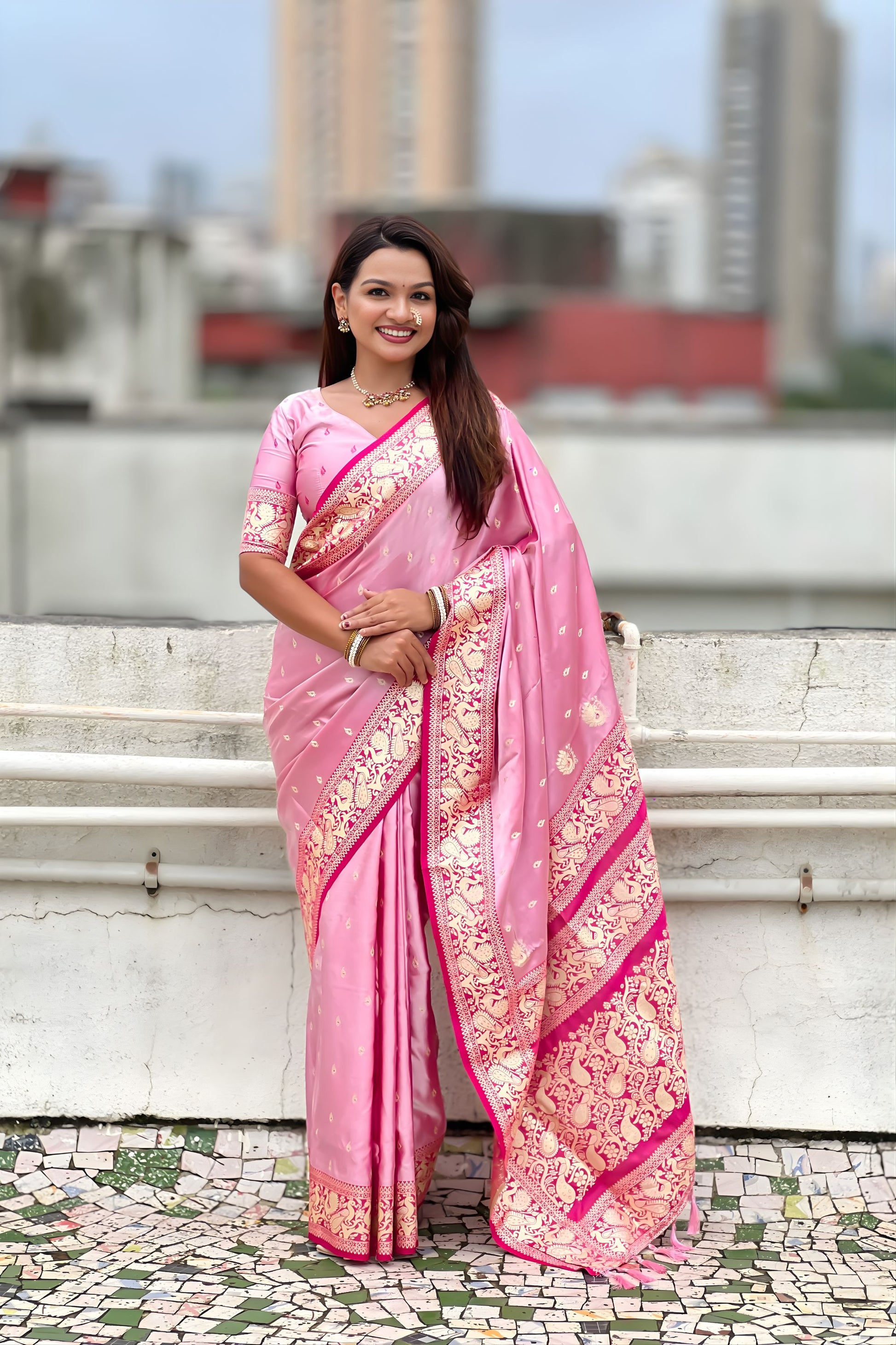 Royal Pink Banarasi Silk Saree Zari Weaving Work for Women