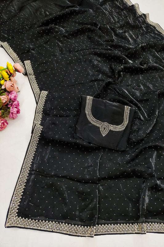 Elegant Black Space Silk Saree Zarkan Diamond Work for Wedding