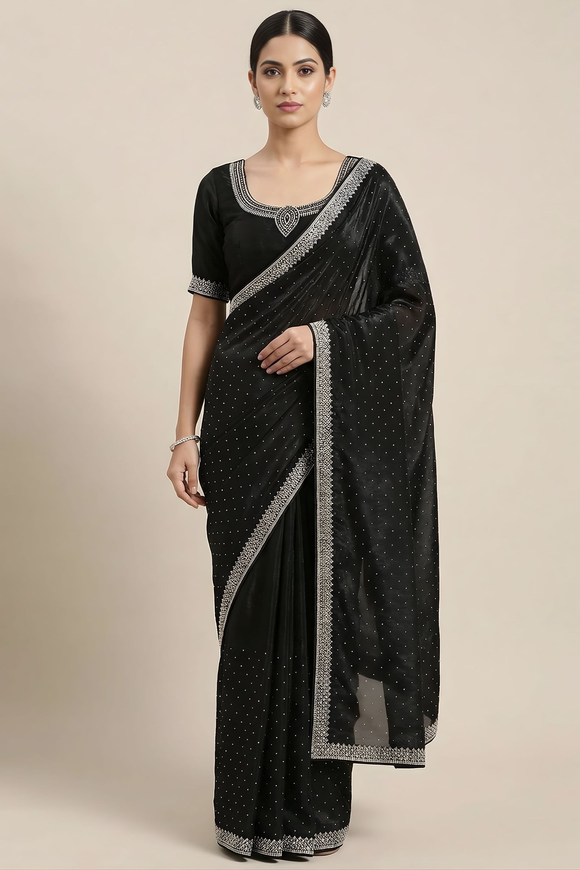 Elegant Black Space Silk Saree Zarkan Diamond Work for Wedding