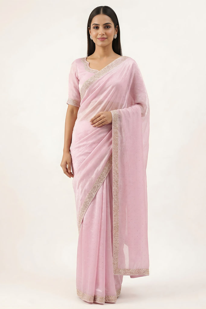 Beautiful Baby Pink Space Silk Saree Zarkan Diamond Work for Wedding