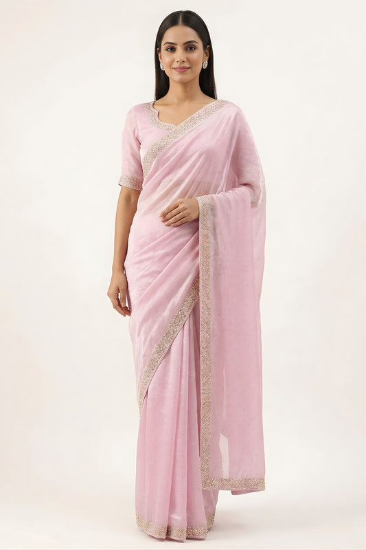 Beautiful Baby Pink Space Silk Saree Zarkan Diamond Work for Wedding