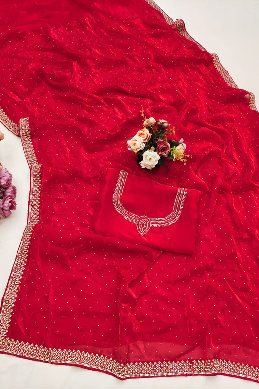 Premium Red Space Silk Saree Zarkan Diamond Work for Wedding