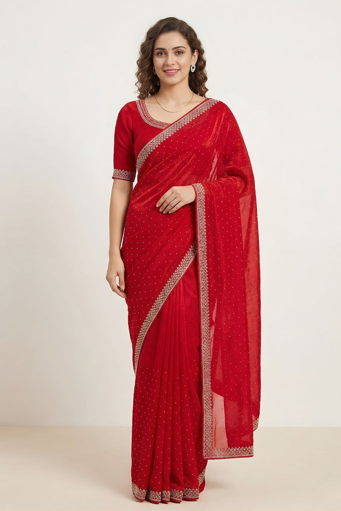 Premium Red Space Silk Saree Zarkan Diamond Work for Wedding