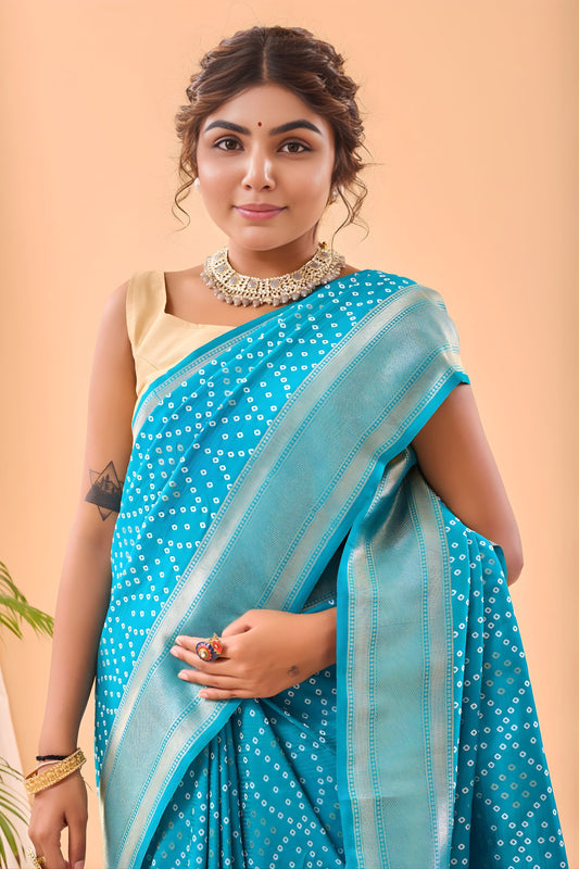 Stylish Sky Blue Bandhani Pure Silk Saree Designer Pallu for Women