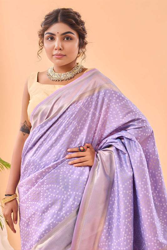 Premium Lavender Bandhani Pure Silk Saree Designer Pallu for Women