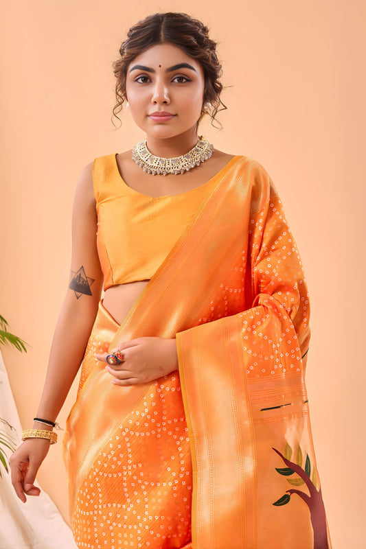 Stunning Orange Bandhani Pure Silk Saree Designer Pallu for Women