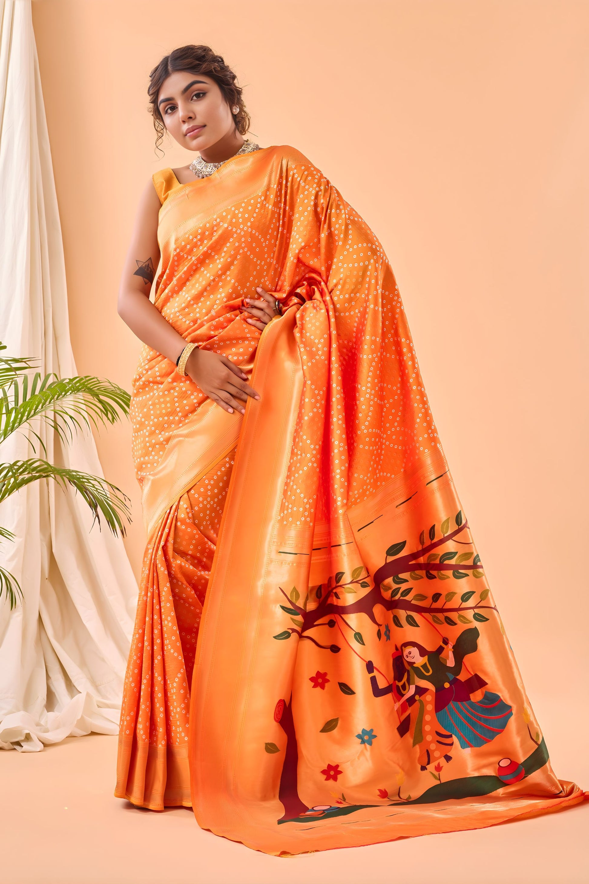 Stunning Orange Bandhani Pure Silk Saree Designer Pallu for Women