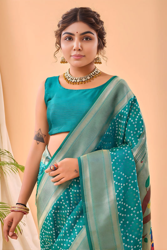 Graceful Teal Green Bandhani Pure Silk Saree Designer Pallu for Women