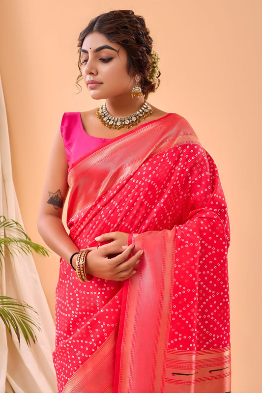 Beautiful Rani Pink Bandhani Pure Silk Saree with Designer Pallu for Women