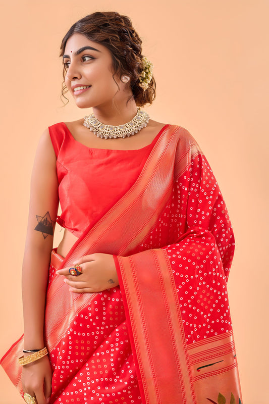 Elegant Red Bandhani Pure Silk Saree Designer Pallu for Women