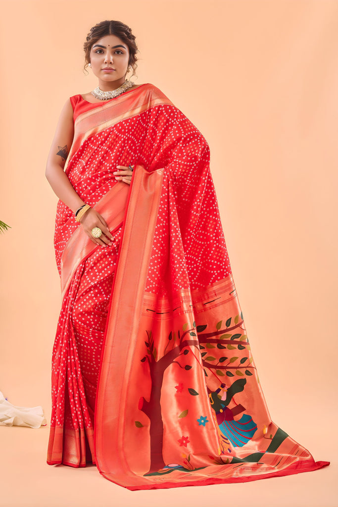 Elegant Red Bandhani Pure Silk Saree Designer Pallu for Women