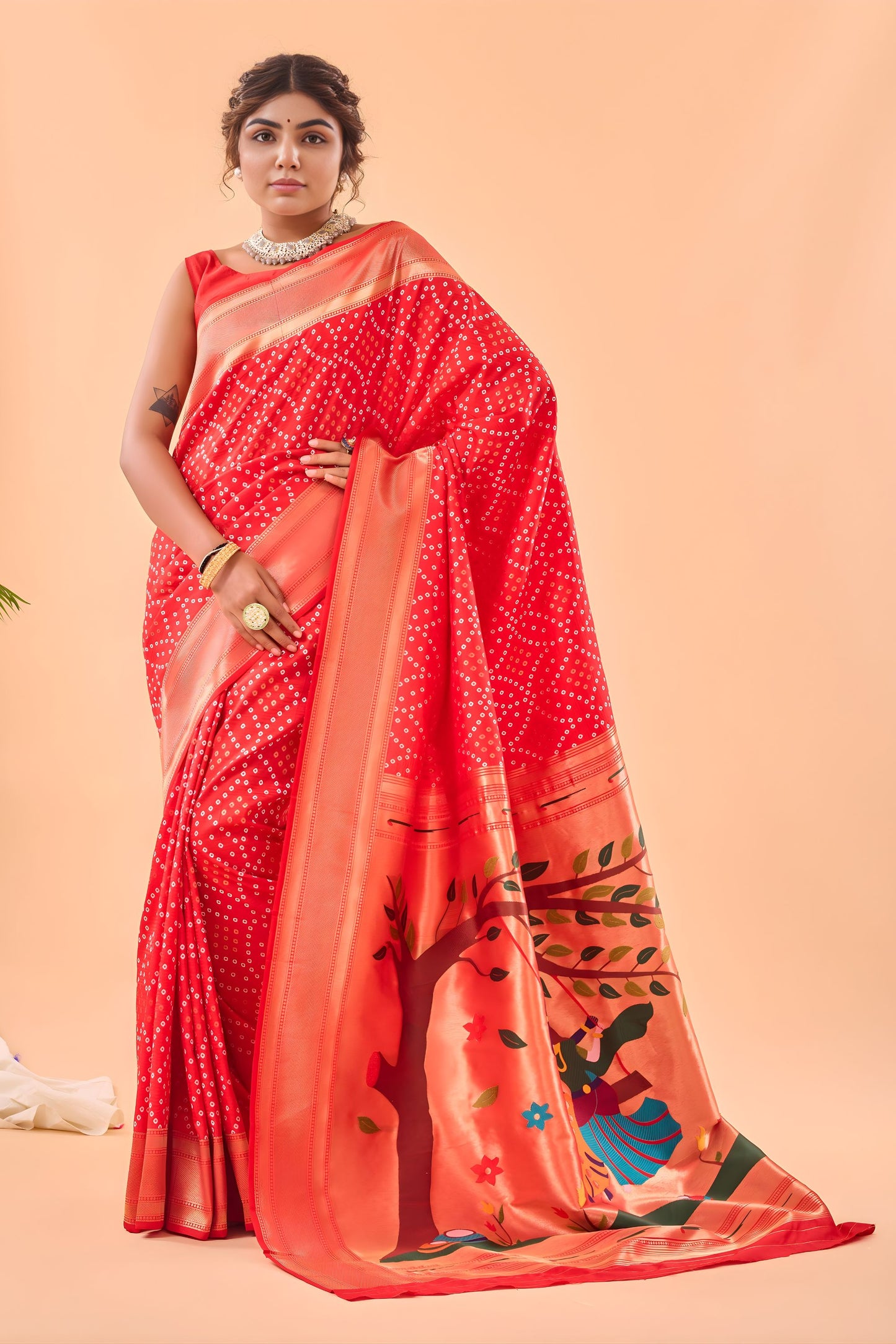 Elegant Red Bandhani Pure Silk Saree Designer Pallu for Women