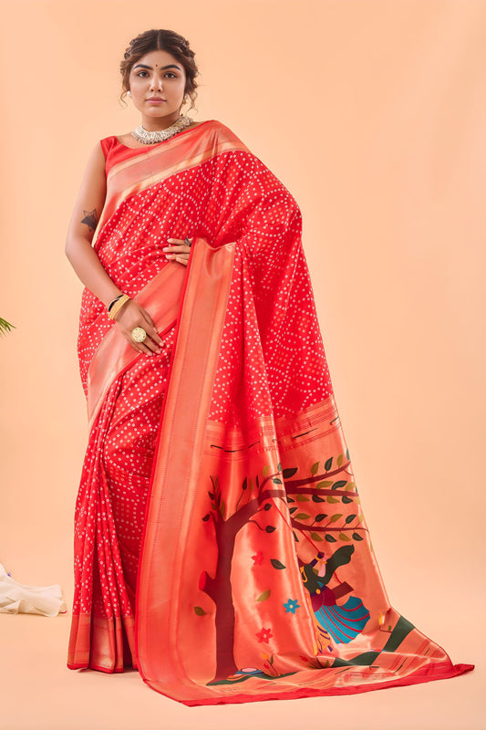 Elegant Red Bandhani Pure Silk Saree Designer Pallu for Women