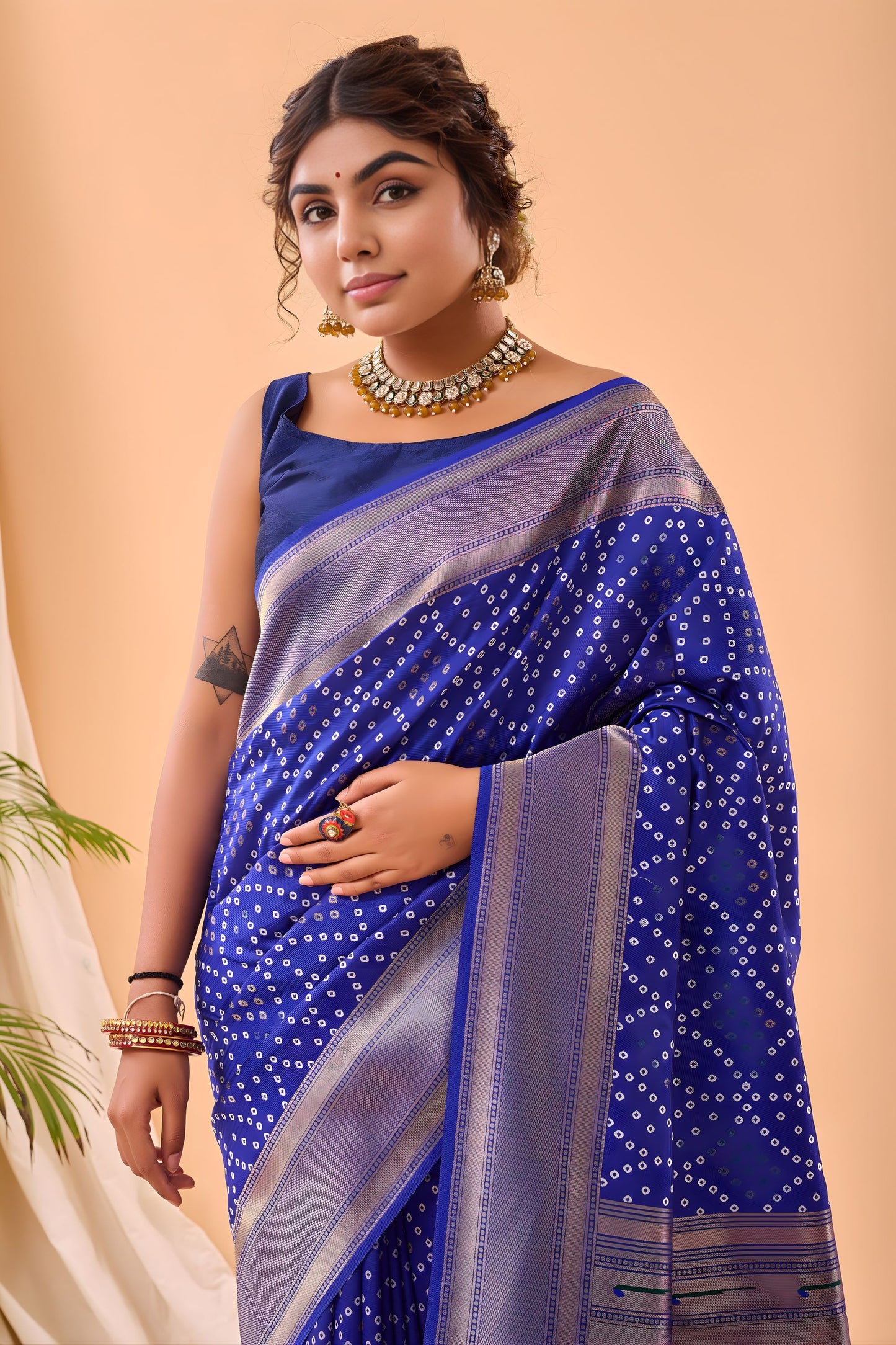 Royal Blue Bandhani Pure Silk Saree Designer Pallu for Women