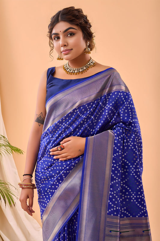 Royal Blue Bandhani Pure Silk Saree Designer Pallu for Women
