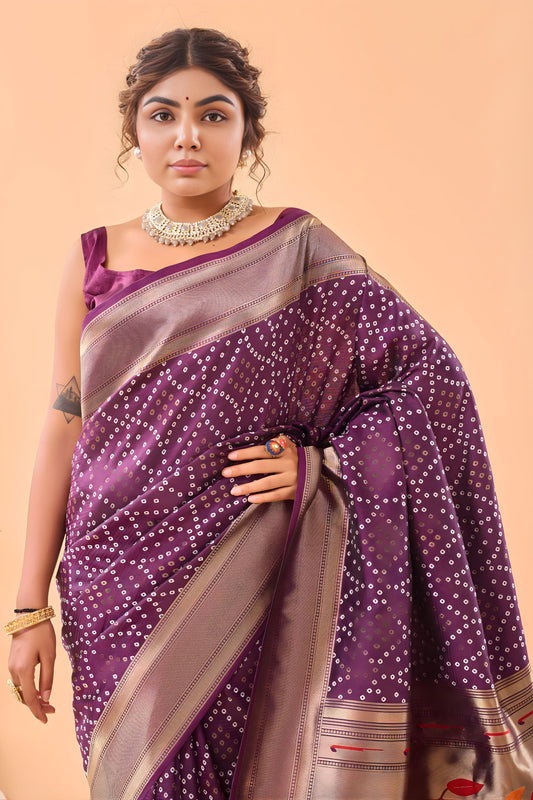 Elegant Wine Bandhani Pure Silk Saree Designer Pallu for Women