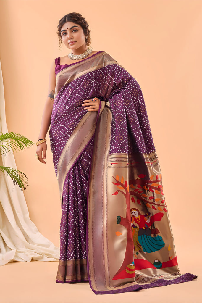 Elegant Wine Bandhani Pure Silk Saree Designer Pallu for Women