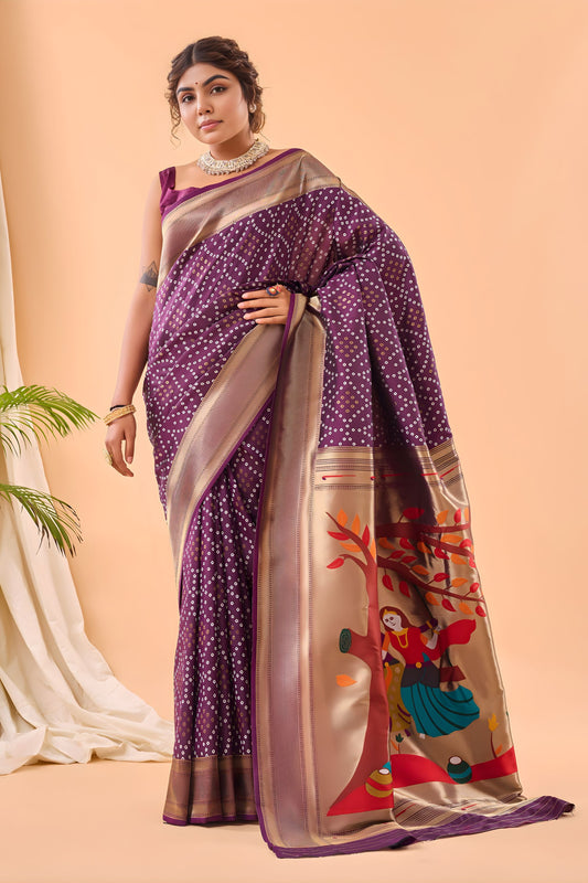 Elegant Wine Bandhani Pure Silk Saree Designer Pallu for Women