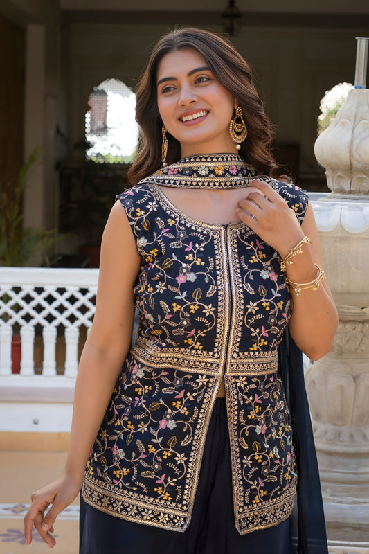 Elegant Navy Blue Premium Star Georgette Palazzo Suit Embroidery Work