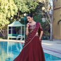 Impressive Wine Maroon Rangoli Crush Silk Designer Lehenga Choli with Embroidery Work and Matching Dupatta