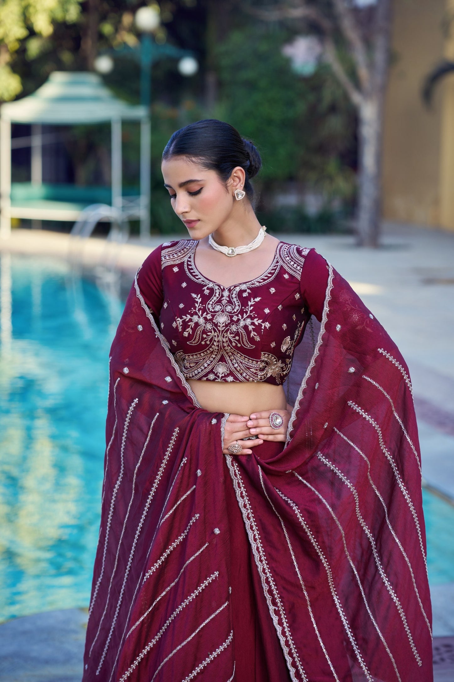 Impressive Wine Maroon Rangoli Crush Silk Designer Lehenga Choli with Embroidery Work and Matching Dupatta