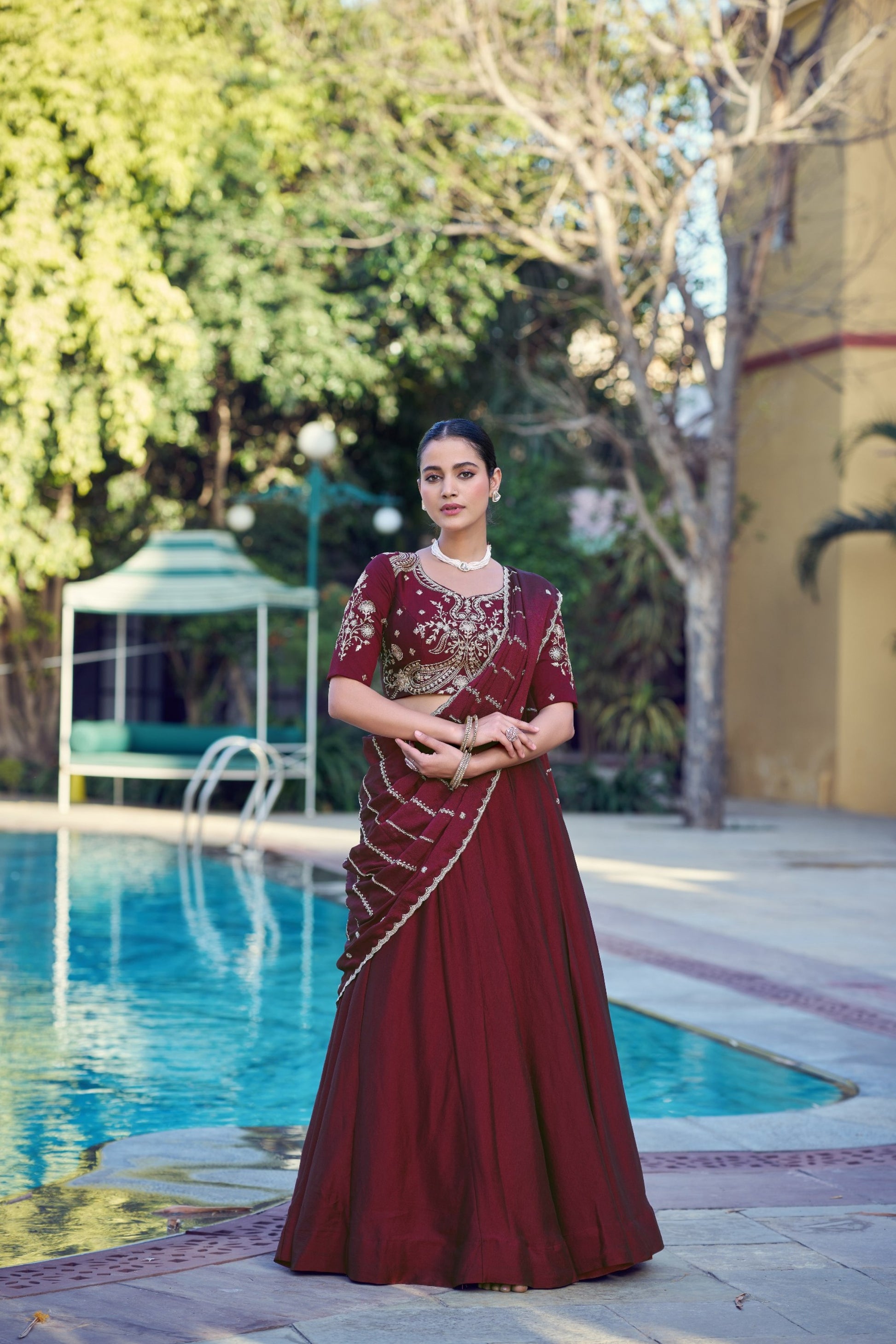 Impressive Wine Maroon Rangoli Crush Silk Designer Lehenga Choli with Embroidery Work and Matching Dupatta